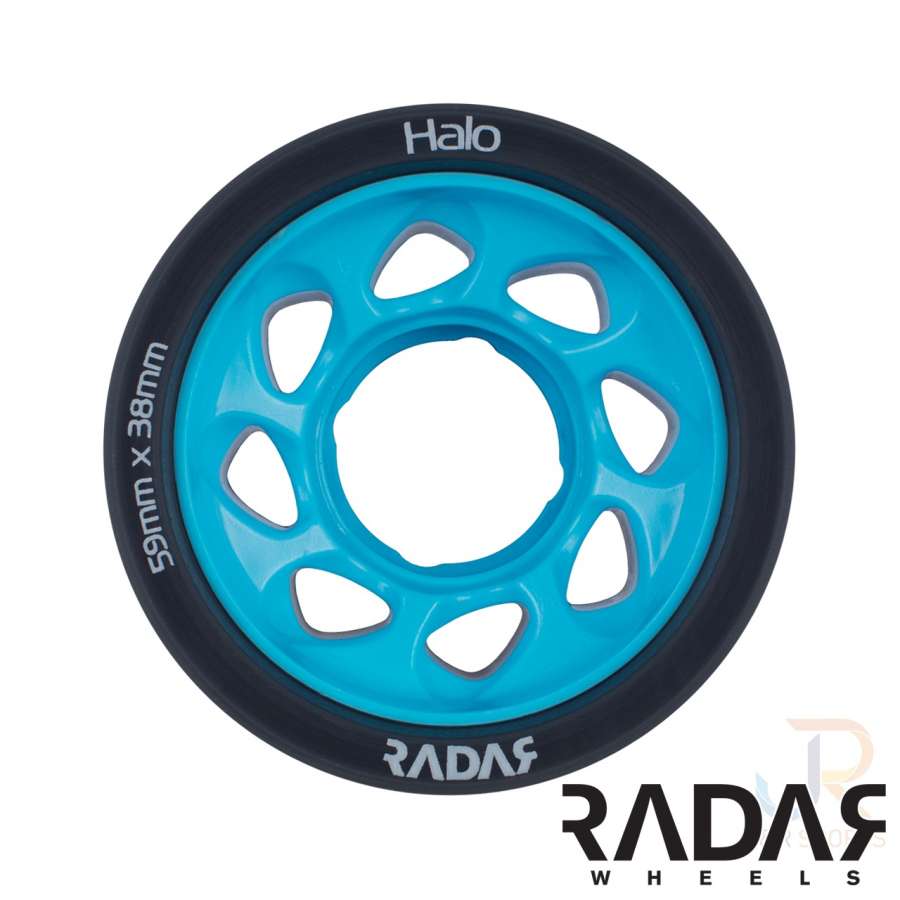 A charcoal and blue derby wheel with black edges features white text reading "Halo" and "59mm x 38mm." The Radar Halo Wheel prominently displays its H-shaped hub, with the brand name "Radar" elegantly shown in the bottom right corner.