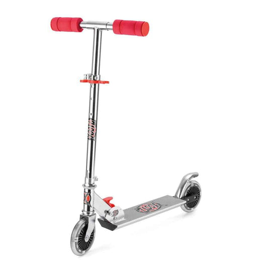 Introducing the Xootz Foldable LED Push Scooter - Red: A stylish silver scooter featuring vibrant red foam handlebars, a sleek black platform, and newly enhanced light-up wheels. It boasts a height-adjustable handlebar for personalized comfort and includes a rear brake to ensure safety.