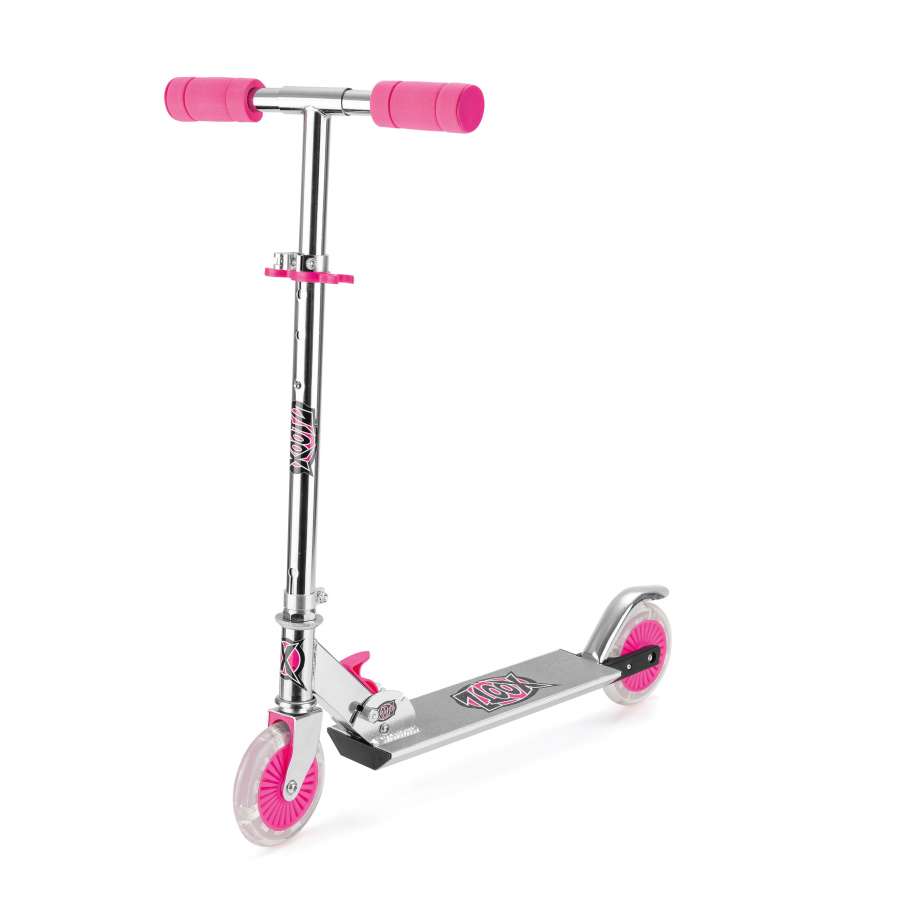 Presenting the Xootz Foldable LED Push Scooter in pink, featuring a sleek design with light-up wheels, a foldable frame, and stylish pink handlebars and accents against a plain white background.