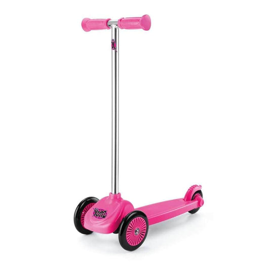 Introducing the Xootz Mini Tri-Scooter - Pink, ideal for first-time scooter riders. This three-wheeled scooter boasts vibrant pink handlebars and wheels, a sleek silver metal stem, and a reliable foot brake on the rear wheel, ensuring safety and style for young adventurers.