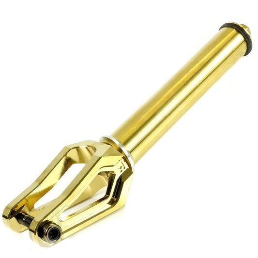 The Root Industries AIR SCS/HIC Stunt Scooter Forks - Gold is a lightweight scooter fork with a golden metallic finish. It features a cylindrical stem and a forked base compatible with 120mm wheels, along with a bolt at the bottom for secure attachment, ensuring both style and functionality.