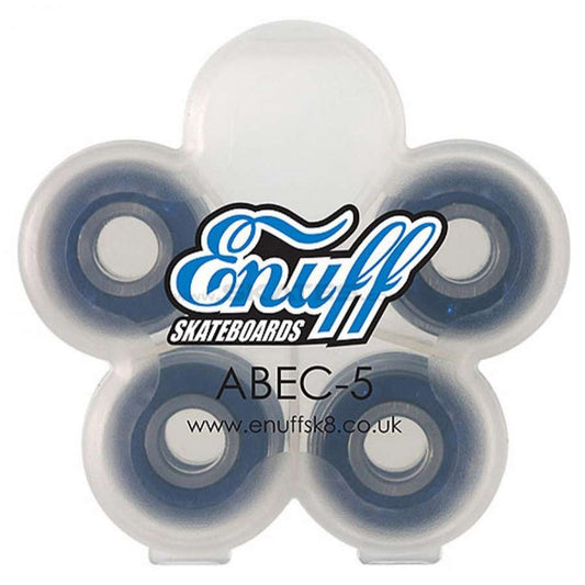 The Enuff ABEC 5 Skateboard Bearings, an 8-pack set from the brand Enuff, come elegantly housed in a translucent, flower-shaped plastic case showcasing the Enuff logo and website. These skateboard bearings are designed to be water-resistant and feature a dark center ring for enhanced durability.