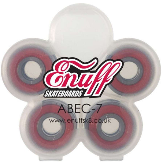 Picture of a clover-shaped clear plastic case containing four water-resistant skateboard bearings with white centers. The container displays the text "Enuff ABEC 7 Skateboard Bearings - 8 Pack," emphasizing their precision-finished quality, along with a website link.