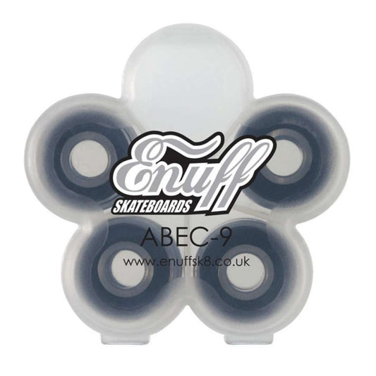 A transparent, flower-shaped case holds eight polished chrome Enuff ABEC 9 Skateboard Bearings. The sealed and water-resistant case showcases the brand name, Enuff, along with their website URL: www.enuffsk8.co.uk.