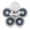 A transparent, flower-shaped case holds eight polished chrome Enuff ABEC 9 Skateboard Bearings. The sealed and water-resistant case showcases the brand name, Enuff, along with their website URL: www.enuffsk8.co.uk.