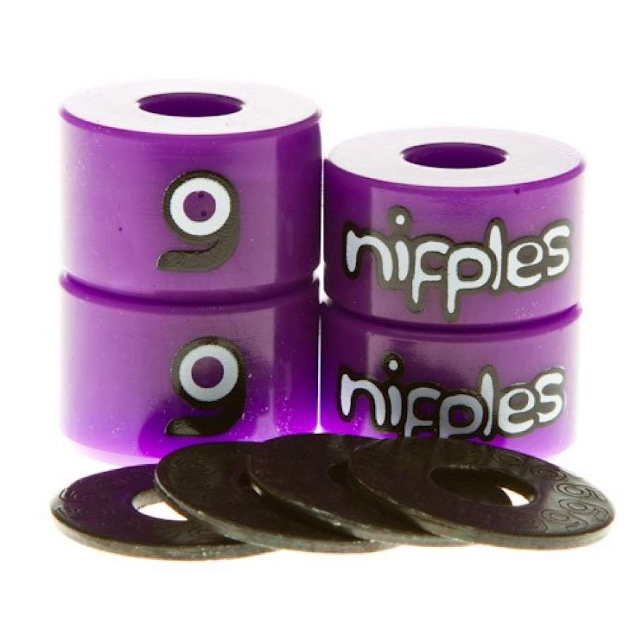 Set of four Orangatang Nipples Purple Longboard Bushings - Medium 87A, ideal for carving and pumping. Comes with black washers in front and made from high rebound urethane to ensure superior performance.