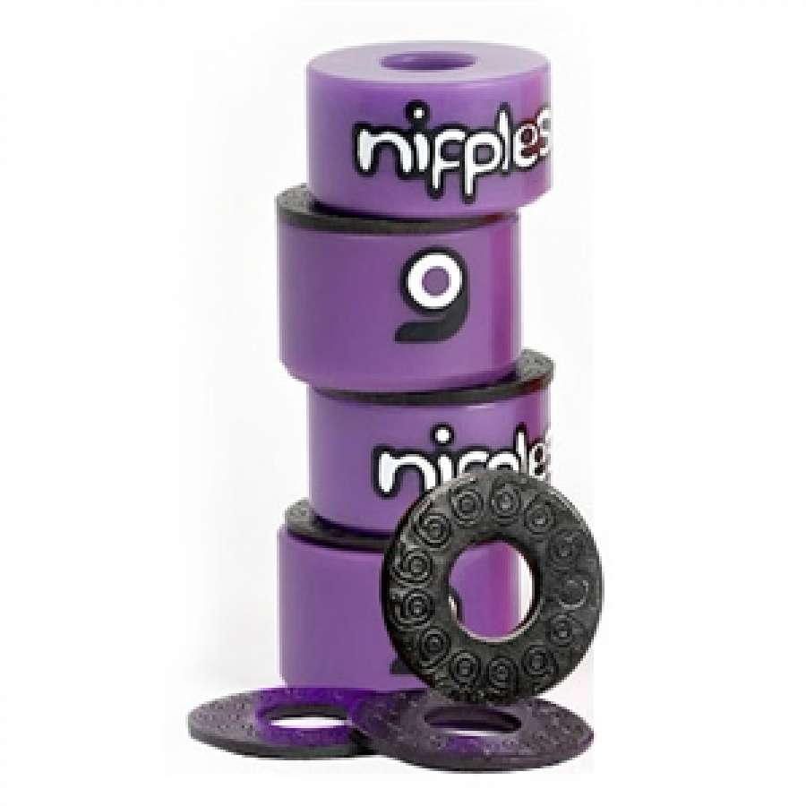 Set of four Orangatang Nipples Purple Longboard Bushings - Medium 87A, highlighted by a black swirl design and made from high rebound urethane to enhance carving and pumping, along with three black washers.