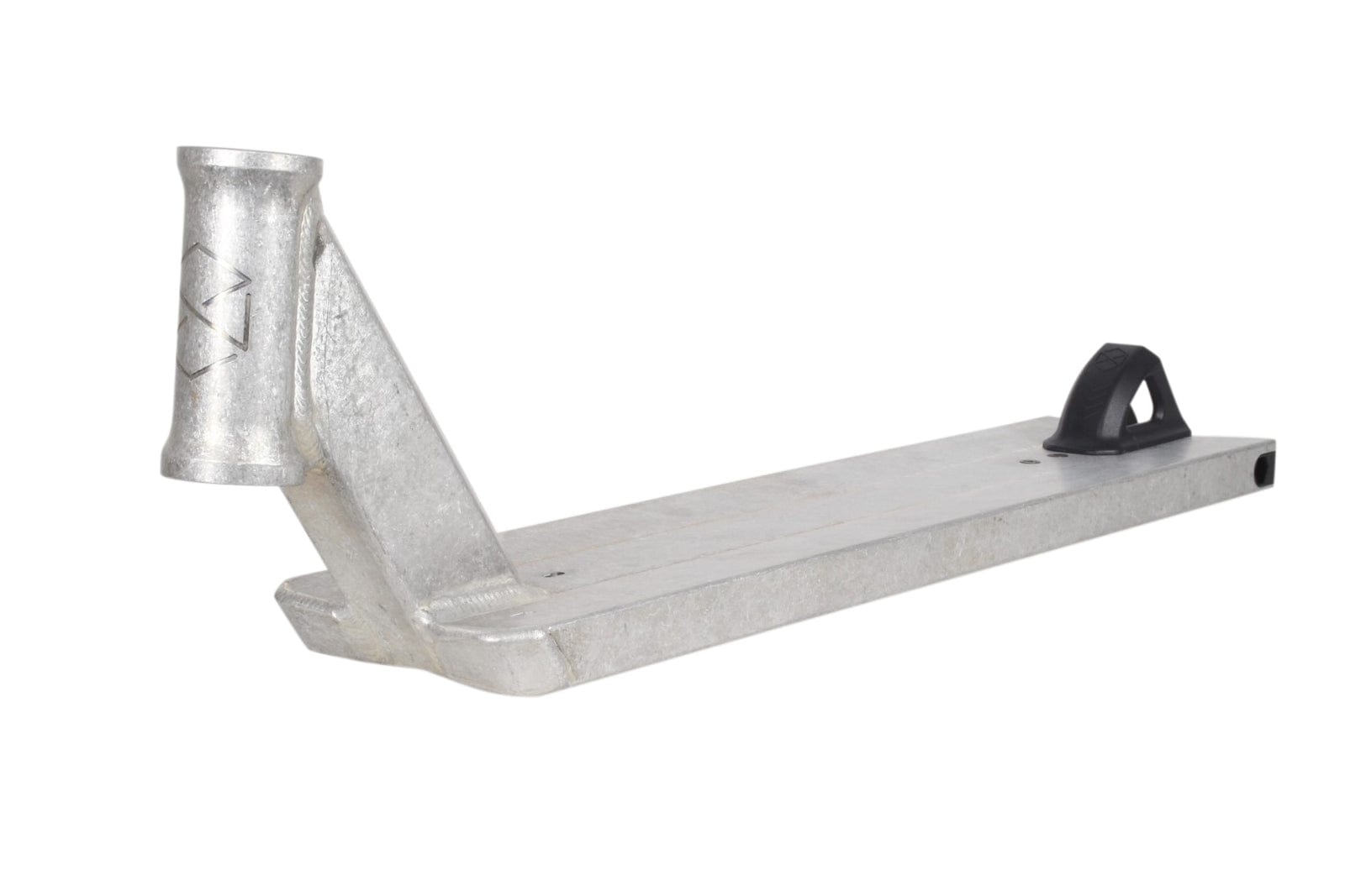 The Native Stem Raw Stunt Scooter Deck, measuring 4.75" x 20.5", is a silver-colored scooter deck crafted for street riding. It features an angled neck and a cylindrical head tube, making it ideal for beginners. The rectangular deck includes a black plastic brake at the rear end, ensuring smooth and controlled stopping.