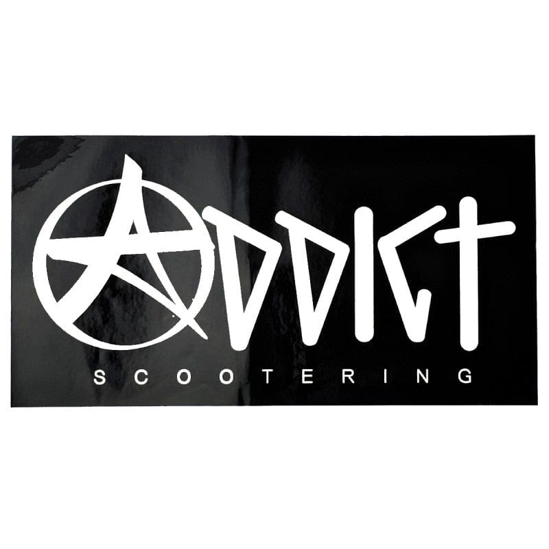 The Addict Scooters Logo Sticker - Black features bold white text that says "Addict Scootering" against a black background. A stylized "A," resembling a star or an anarchy symbol, embodies the rebellious spirit of the Addict brand, making it perfect as a large logo sticker.