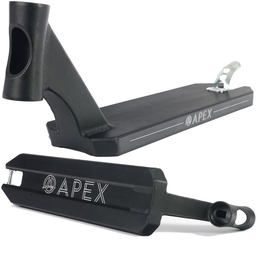 The image offers a close-up of the Apex Pro Black Tapered Stunt Scooter Deck, vividly highlighting its hybrid design. Seen from two angles, the photo emphasizes the logo, elegant looks, reinforced neck, and generous 5" x 19.3" footboard.