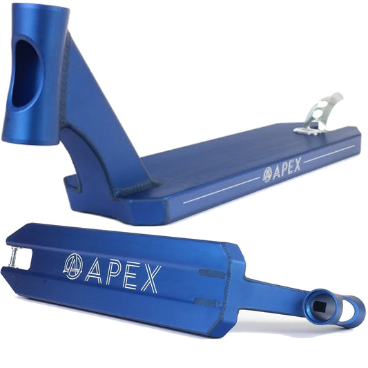 The Apex Pro Blue Tapered Stunt Scooter Deck, measuring 5" x 19.3", is displayed from two angles to accentuate its sleek design with a reinforced headtube. This durable deck features a gripped surface for stability and prominently displays the "Apex" brand logo on both the side and bottom.