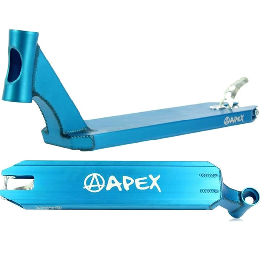 The Apex Pro Blue Stunt Scooter Deck - 4.5" x 19.3", crafted by Apex, features a sleek and minimalist design with the "APEX" logo prominently displayed. Renowned for its durability, this scooter deck also includes an integrated brake system, ensuring both style and reliability.