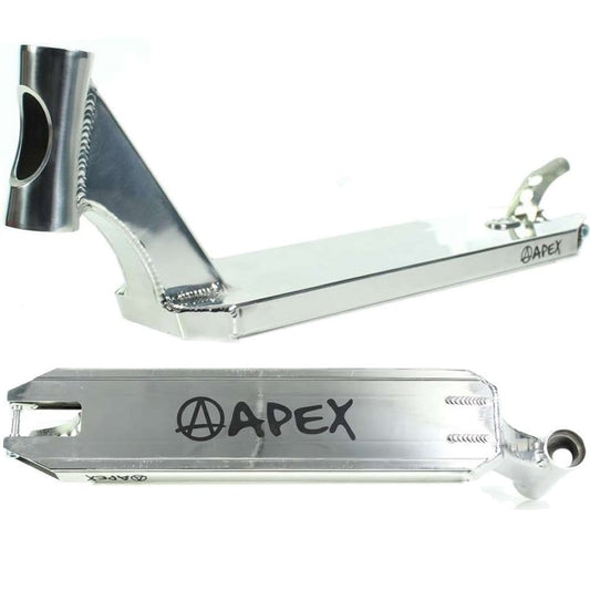 The Apex Pro Raw Silver Stunt Scooter Deck - 4.5" x 19.3" showcases the "Apex" brand logo with pride and is engineered from durable 6082 aluminum for exceptional strength. This sleek, metallic scooter deck stands out with its high-quality construction and reinforced neck, solidifying its reputation as the world's best scooter deck.