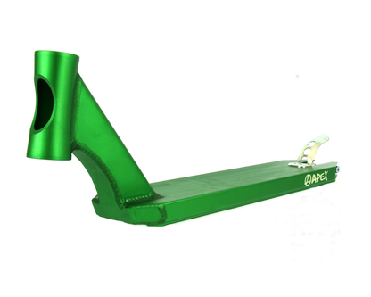 The Apex Pro Green Stunt Scooter Deck, measuring 4.5" x 19.3", is a vibrant green deck with "APEX" printed on one side. It features a triangular head tube and a rear brake, providing a durable and smooth surface ideal for freestyle setups.