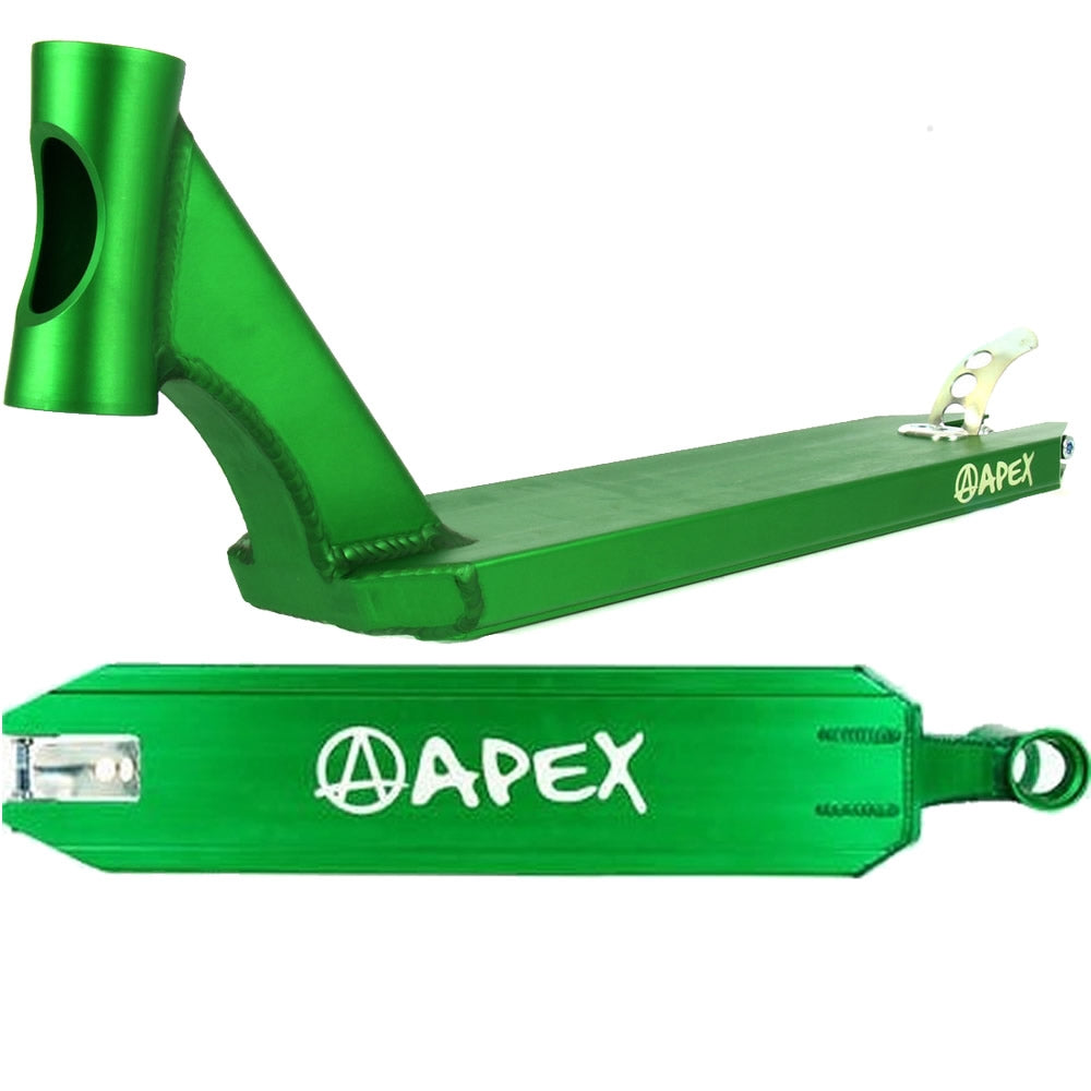 The image showcases a robust Apex Pro Green Stunt Scooter Deck, measuring 4.5" x 19.3", featuring the APEX logo in white. It includes a front cutout and rear brake, epitomizing premium design. Displayed from both side and top perspectives, it’s renowned as one of the finest scooter decks globally.