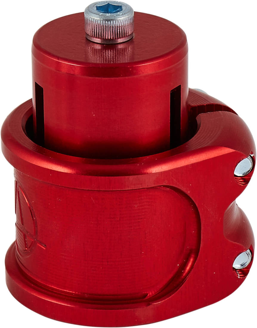 An Apex Lite 2 Bolt Oversized Stunt Scooter Clamp & HIC Kit by Apex, designed in red with a cylindrical form and topped with a round metal cap. It includes two side bolts and has a sleek, polished finish resembling CNC milling.