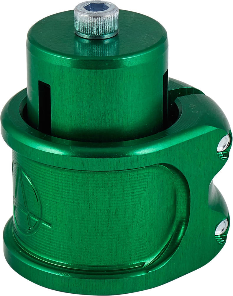 The Apex Lite 2 Bolt Oversized Stunt Scooter Clamp & HIC Kit in green, from the brand Apex, features a cylindrical metal design with a hexagonal screw on top. The clamp includes a logo and smooth edges, two slots, and three visible screws on the side. Its precise craftsmanship suggests it is CNC milled for enhanced durability.