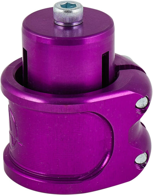 A close-up of the Apex Lite 2 Bolt Oversized Stunt Scooter Clamp & HIC Kit in purple, by Apex, showcases its sleek design with a glossy finish. The product features a cylindrical top with a screw and silver screws on the wider base for secure attachment, combining style and grip in its polished appearance.