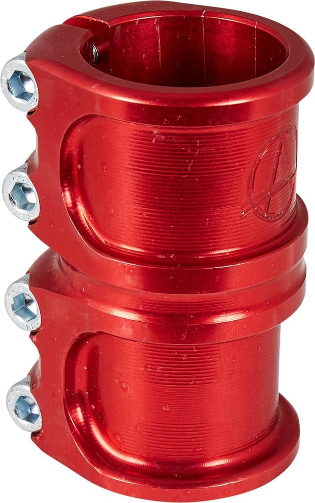 The Apex Lite 4 Bolt Oversized SCS Stunt Scooter Clamp - Red, crafted by Apex, is a lightweight, cylindrical scooter clamp made from CNC machined 7075 aluminum. It showcases a sleek design with a shiny finish and four visible screws on the side.