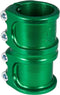 The Apex Lite 4 Bolt Oversized SCS Stunt Scooter Clamp in green is a metallic double clamp made from CNC machined 7075 aluminum. It includes four silver screws on one side for stable assembly of scooter parts. The clamp's surface is designed with a ribbed pattern and features an engraved logo, offering both style and resilience.