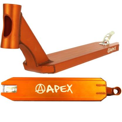 The Apex Pro Orange Stunt Scooter Deck by Apex, measuring 4.5" x 19.3", showcases an orange finish with a distinctive cutout headtube and the renowned "APEX" logo on the side. Known for its durability and often considered the best in the world, this deck includes a bottom view that elegantly features a white wheel mounted at one end.