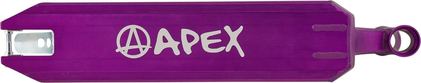 The Apex Pro Purple Stunt Scooter Deck, measuring 4.5" x 19.3", showcases a sleek design with a silver "Apex" logo that incorporates an anarchy symbol in the "A." This durable deck is designed for those who seek both style and top-notch performance, featuring a lightweight yet robust build and a cutout near the rear wheel.