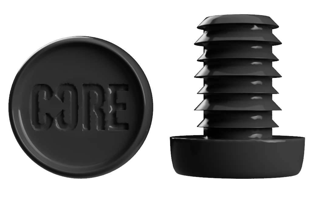 This black, cylindrical object is equipped with a screw-like texture on its side to ensure a secure fit. The word "CORE" is stylishly embossed on its glossy, reflective top, indicating premium quality. Perfect as CORE Standard Scooter Bar Ends - Black or for other applications where style and functionality take precedence.