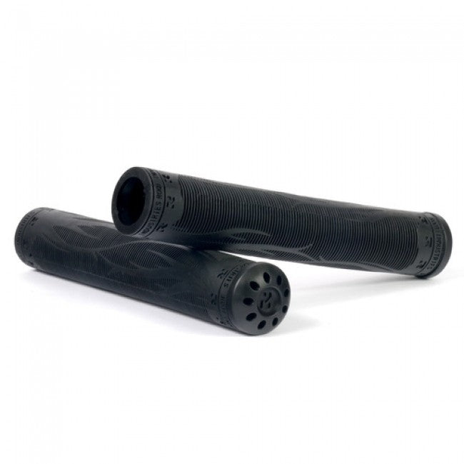 Two Root Industries R2 Pro Black Stunt Scooter Grips, each measuring 173mm, are stacked diagonally. The top grip displays an open end with a distinct pattern, while the bottom grip lies horizontally. Their subtle grooves enhance grip, ensuring a comfortable buffer for both bicycle and scooter rides.