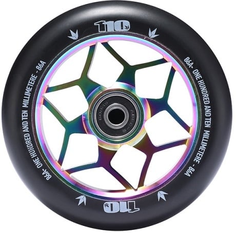 Close-up of a vibrant Blunt Envy Diamond 110mm Wheel featuring striking rainbow spokes within a smooth black rim. The rim is inscribed with "110" and "ONE HUNDRED AND TEN MILLIMETER 86A," showcasing its size and hardness—a perfect choice for those seeking the thrill of a Blunt Envy stunt scooter wheel in an Oil Slick Neochrome finish.