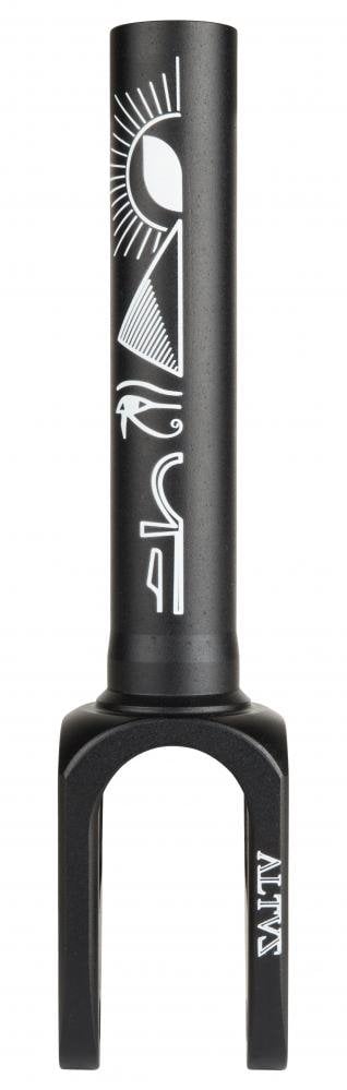 The Blazer Pro Altus HIC/SCS Stunt Scooter Forks in black, crafted by Blazer Pro, boast a sleek design with white geometric and eye patterns, featuring a stylized eye and abstract shapes. The word "SALTY" is prominently displayed at the bottom, combining functionality with visual appeal.