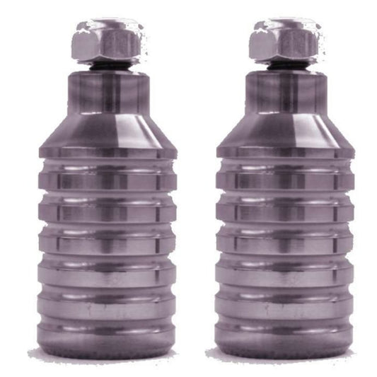 Two CNC machined, chrome, ribbed cylindrical objects with hexagonal bolts on top stand side by side against a white background. These Dare Sports Stunt Scooter Pegs are ideal for enthusiasts seeking durability and style.