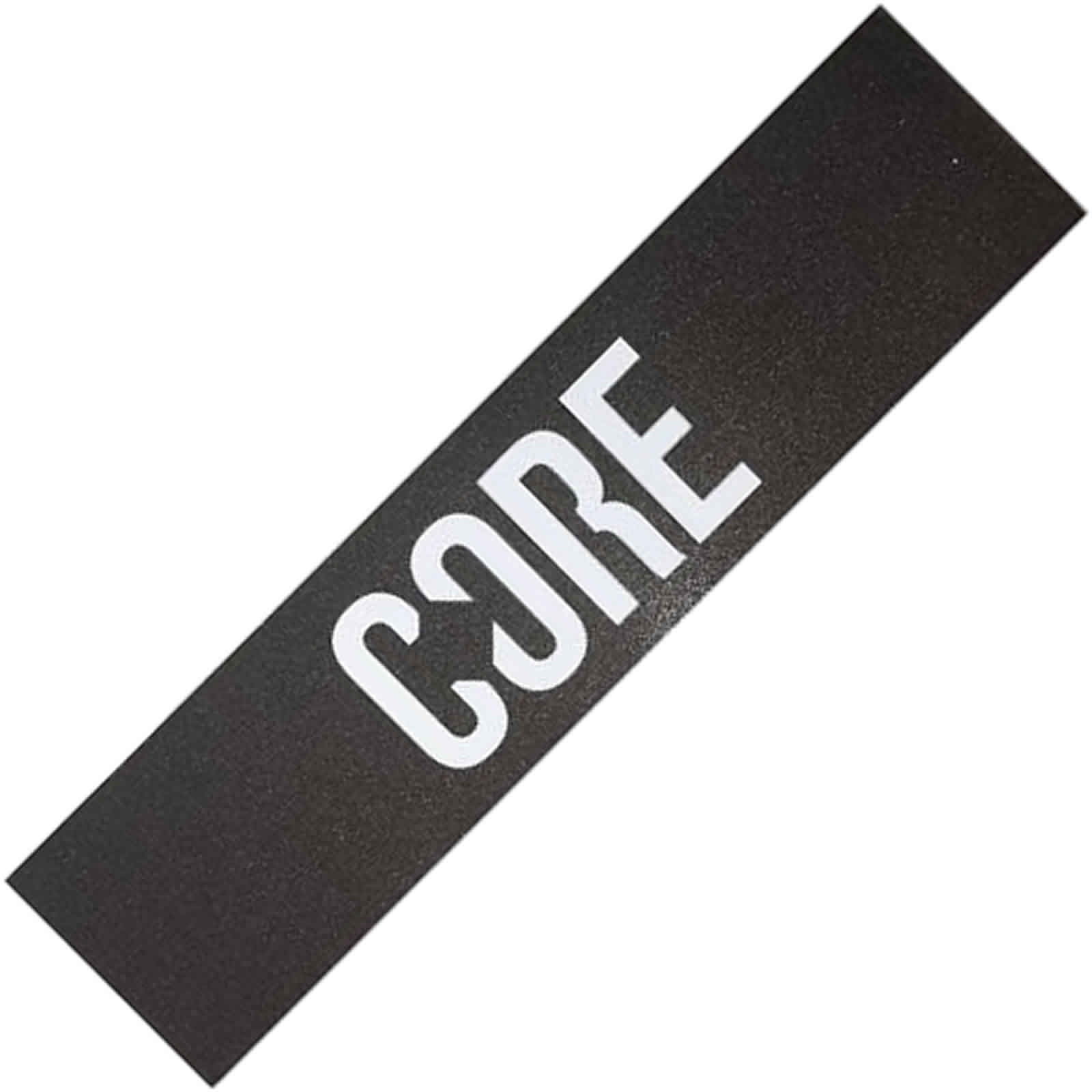 A black rectangular product featuring the bold, white "CORE" logo, ideal for anyone wanting to personalize their scooter—this could be the CORE Classic Stunt Scooter Griptape, which enhances both style and performance for your stunt scooter.