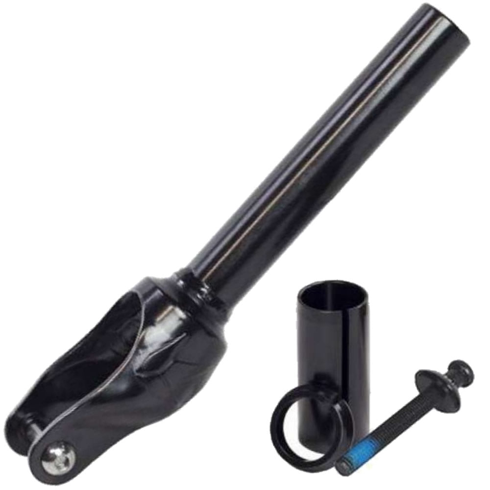 A sleek black scooter fork with a long stem from the Blunt Envy Colt series, designed for compatibility with IHC compression, is displayed alongside a bolt, compression ring, and spacer.