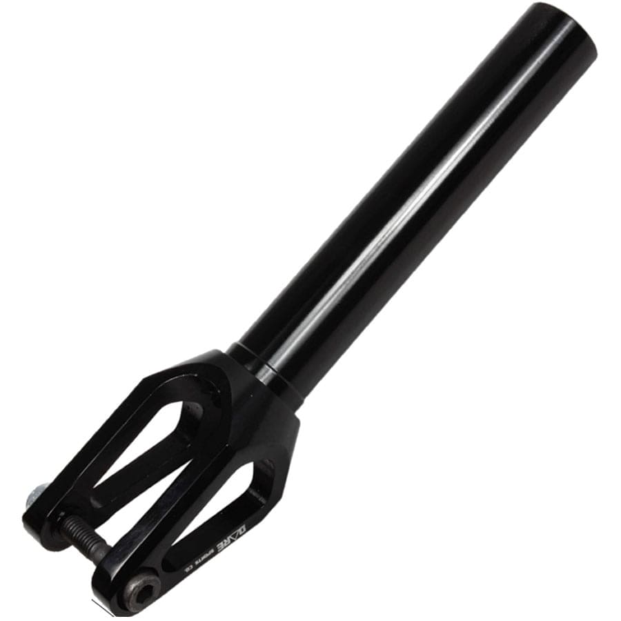 The Dare Dimension SCS/HIC Stunt Scooter Forks, offered by Dare in a stylish black finish, are crafted from CNC machined 6061 T6 aluminum. These forks feature a sleek cylindrical stem with open-ended prongs at the base and include a bolt for easy attachment. Designed for enhanced performance, they support both SCS and HIC compression systems.