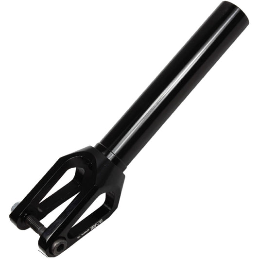 The Dare Dimension SCS/HIC Stunt Scooter Forks, offered by Dare in a stylish black finish, are crafted from CNC machined 6061 T6 aluminum. These forks feature a sleek cylindrical stem with open-ended prongs at the base and include a bolt for easy attachment. Designed for enhanced performance, they support both SCS and HIC compression systems.