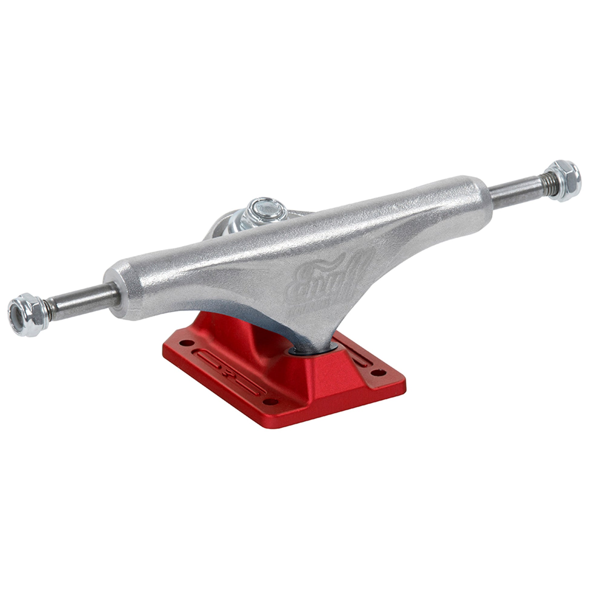 The Enuff Decade Pro Satin Red Skateboard Trucks, measuring 129mm, showcase a sleek silver truck complemented by a vibrant red baseplate, finished in satin for enhanced style and durability.