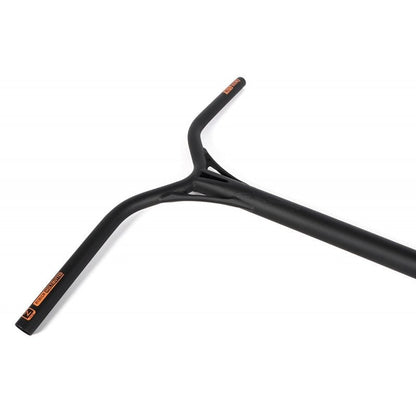 The Ethic DTC Almasty V2 67 Steel Oversized HIC stunt scooter bar, in black, features a Y-shaped design with an orange logo. This handlebar is crafted from durable chromoly steel and offers an ergonomic design with a matte finish. Measurements are 670mm x 600mm.