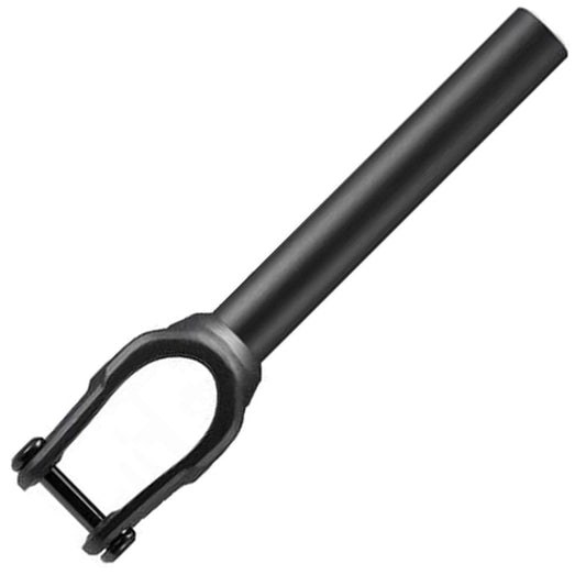 The Fasen Bullet IHC Stunt Scooter Fork in black is designed with a long tube and a U-shaped base to securely hold the front wheel. This lightweight fork features IHC compression, providing smooth performance and durability on every ride.