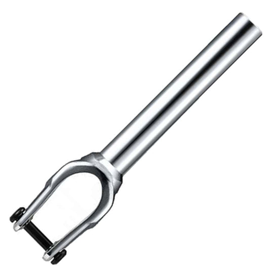 Introducing the Fasen Bullet IHC Stunt Scooter Fork in Chrome, a lightweight option with a cylindrical steer tube seamlessly attached to a U-shaped base. This sleek scooter fork features two mounting holes designed for wheel axle compatibility, making it perfect for freestyle or stunt scooters. For those interested in the reliability of an IHC stunt scooter fork, this product from Fasen is an ideal choice.