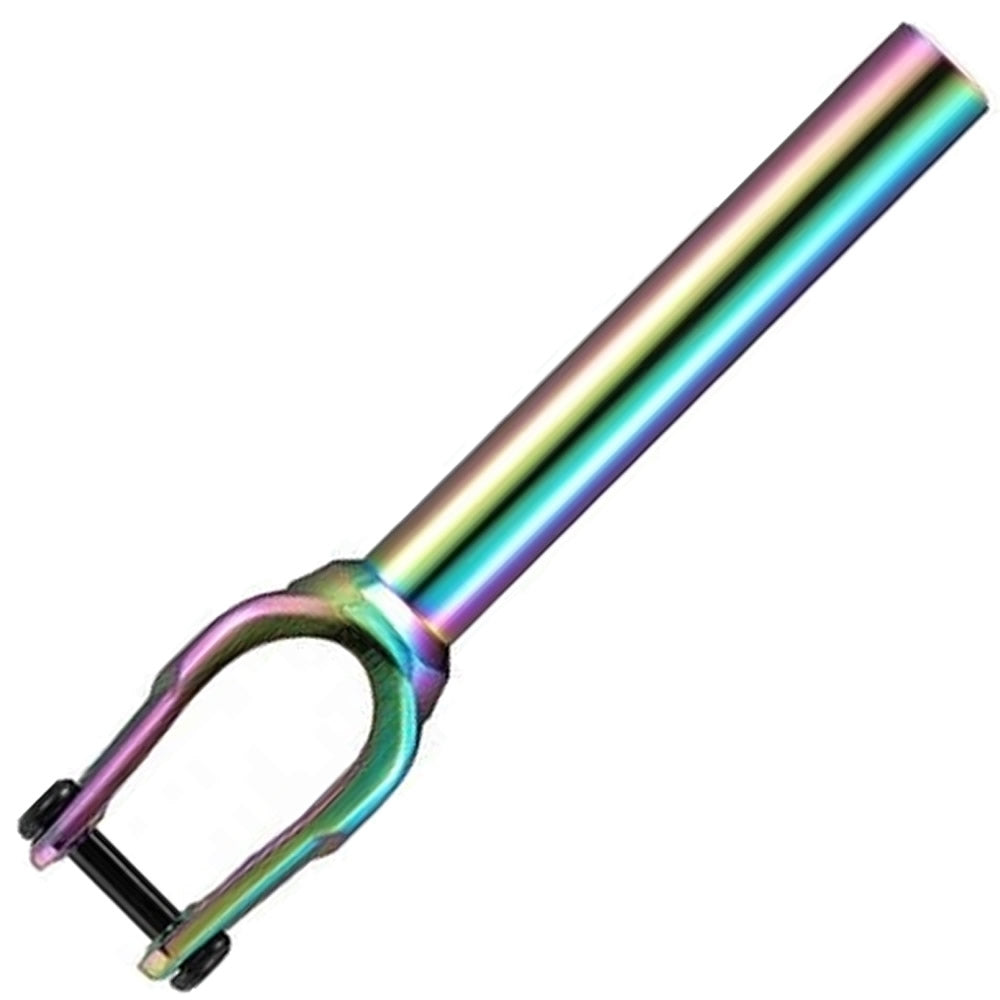 The Fasen Bullet IHC Stunt Scooter Fork - Neochrome by Fasen is a lightweight option featuring a rainbow-colored, cylindrical design with two prongs at one end for easy wheel attachment. Its reflective metal surface displays an iridescent spectrum of colors and is compatible with IHC compression, ensuring smooth rides.