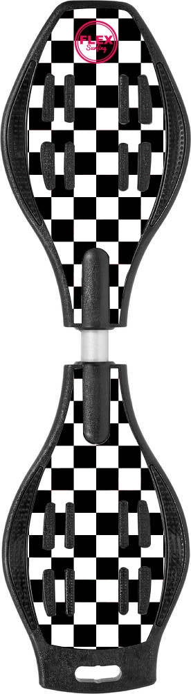 The Flexsurfing V2 Waveboard Casterboard - Checkers boasts a timeless black and white checkered pattern, accented with a bold pink logo. This enhanced waveboard features an improved design divided into two segments joined by a central bar, incorporating rubber foot grips and a sleek, curved structure.