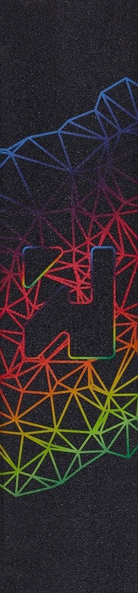 A dark background showcases an abstract geometric pattern of interconnected lines creating triangular shapes, capturing the essence of Root Industries' renowned grip. The design features a gradient that shifts from blue at the top, through purple, red, and orange, down to green at the bottom, with an 'H' shaped cutout inspired by the Root Industries Pro Stunt Scooter Griptape - Geometrix.