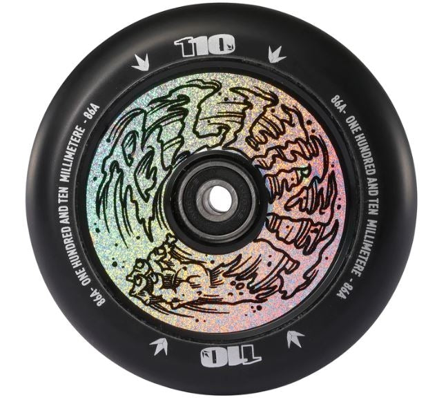 The Blunt Envy 110mm Hollow Core Stunt Scooter Wheel - Hollow Hand Hologram features a black wheel embellished with a multicolored, swirling artistic design at its center, exemplifying the high performance of Blunt Envy wheels. Along the sides, you'll find "ONE HUNDRED AND TEN MILLIMETER - 84A" and "110" text that emphasizes its cutting-edge Hollowcore technology.