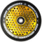 The Root Industries Honeycore 110mm Stunt Scooter Wheel - Black / Gold boasts a bold black outer rim coupled with an eye-catching gold honeycomb design at its core. The phrase "ROOT INDUSTRIES HONEYCORE" is stylishly inscribed around the edge, enhancing the look of any scooter.