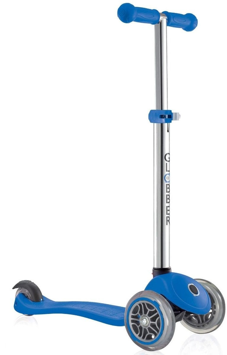 The navy blue Globber Primo Junior Kids Tri-Scooter features a robust three-wheel structure with adjustable handlebars, prominently showcasing the "Globber" brand on its stem. Its sturdy design includes two front wheels and one rear wheel for enhanced stability.