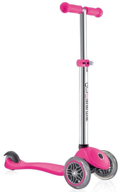 The Globber Primo Junior Kids Tri-Scooter - Neon Pink from Globber features a vibrant pink and silver design with a three-wheel configuration that enhances balance and stability. Its adjustable handlebars and curved deck provide a comfortable ride, while the dual front wheels and single rear wheel ensure excellent maneuverability.