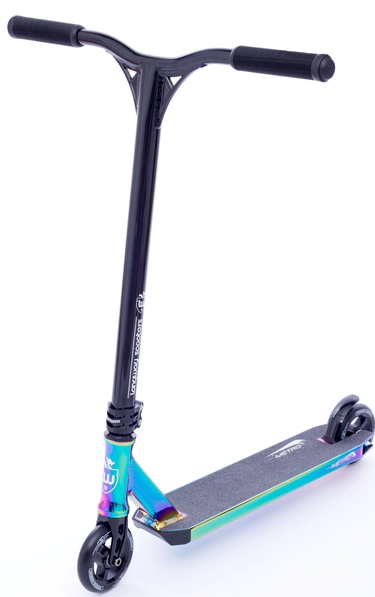 The Longway Metro 2k19 Complete Stunt Scooter by Longway showcases a vibrant neochrome design with a black T-bar handle and grips. Its frame elegantly shifts from blue to purple, while the aluminum deck is complemented by a griptape surface. The scooter's sleek and modern appearance is further enhanced by its black wheels featuring ABEC-9 bearings.