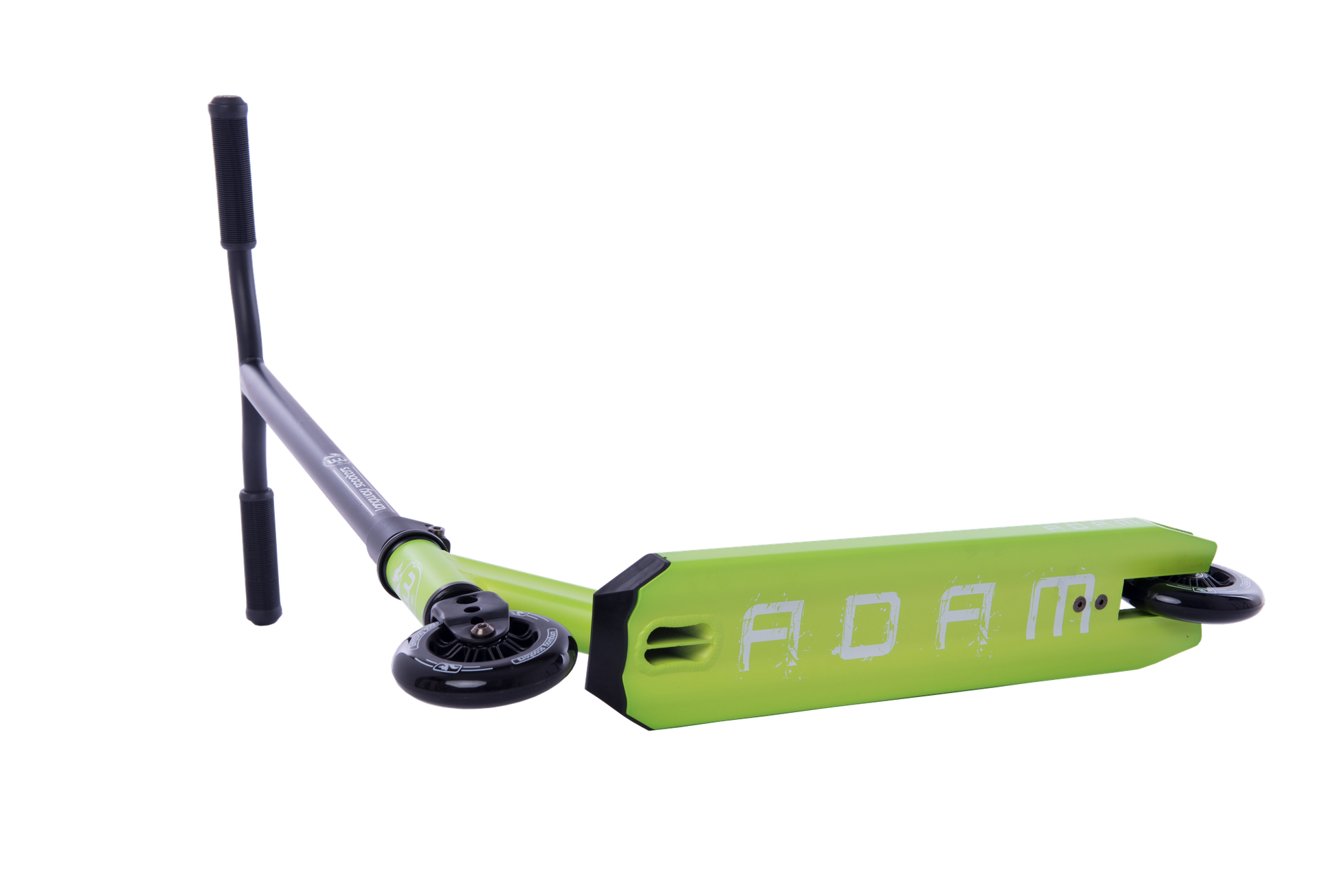 The Longway Adam Complete Stunt Scooter is a lightweight, beginner-friendly option in vibrant green, complemented by black handlebars and wheels. The word "ADAM" is displayed in white on the deck, set against a plain white background.