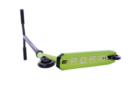 The Longway Adam Complete Stunt Scooter is a lightweight, beginner-friendly option in vibrant green, complemented by black handlebars and wheels. The word "ADAM" is displayed in white on the deck, set against a plain white background.