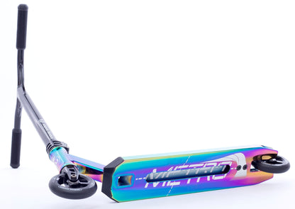 Introducing the Longway Metro 2k19 Complete Stunt Scooter by Longway, featuring a striking black handlebar and a vibrant neochrome aluminum deck emblazoned with "METRO." The scooter is artistically tilted on its side to highlight its high-performance ABEC-9 bearings, durable wheels, and sleek deck design. All set against a plain white background.